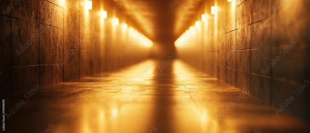 Golden light beams illuminate a mysterious hallway. Golden light beams illuminate a mysterious hallway.