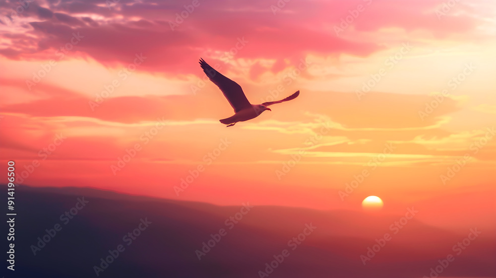 Fototapeta premium Silhouette of Bird in Flight at Sunset with Vibrant Sky and Serene Landscape, Evoking Freedom and Tranquility