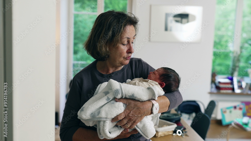 Grandmother holding newborn baby, wrapped in a cozy blanket, expressing warmth and affection, highlighting the intergenerational bond and nurturing care of family Grandmother holding newborn baby, wrapped in a cozy blanket, expressing warmth and affection, highlighting the intergenerational bond and nurturing care of family
