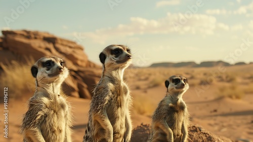 Three Meerkats Standing Tall in a Desert Landscape