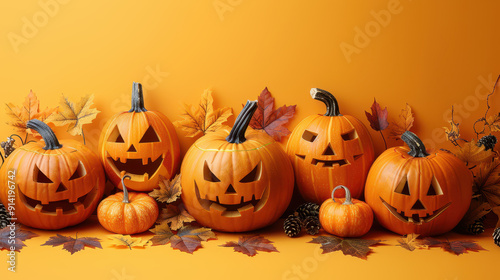 Scary pumpkins and autumn decor and Halloween decorations framing the edges on simple slean orange background. photo