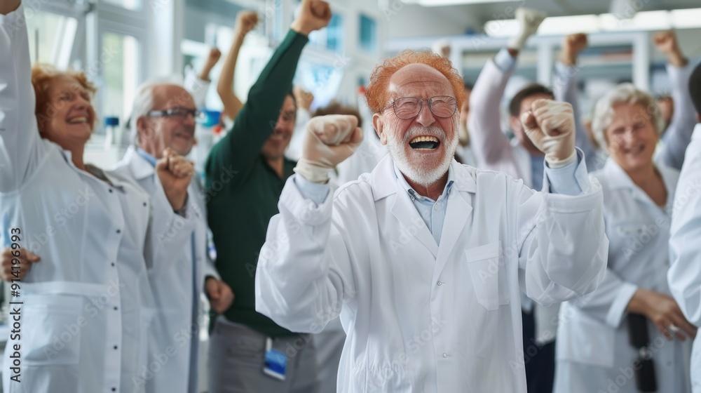 The jubilant scientists' celebration The jubilant scientists' celebration