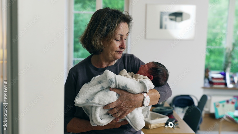 Grandmother holding newborn baby, wrapped in a cozy blanket, expressing warmth and affection, highlighting the intergenerational bond and nurturing care of family Grandmother holding newborn baby, wrapped in a cozy blanket, expressing warmth and affection, highlighting the intergenerational bond and nurturing care of family