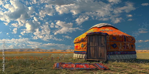 Nomad's Tent: A traditional ger facing the open steppe, adorned with colorful rugs. photo