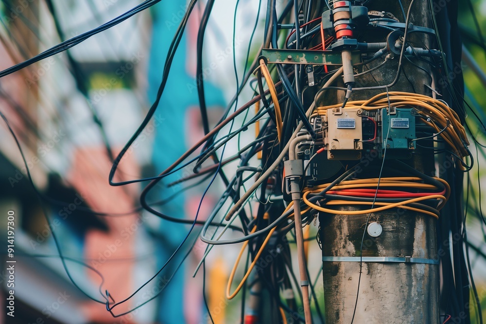 A chaotic bundle of tangled wires and cables on a utility pole, showcasing urban infrastructure and electrical complexity. A chaotic bundle of tangled wires and cables on a utility pole, showcasing urban infrastructure and electrical complexity.