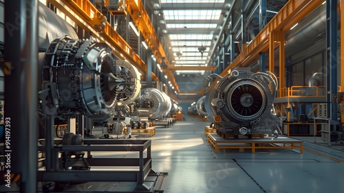 A modern aircraft factory where human engineers and robots work together to build advanced aircraft engines