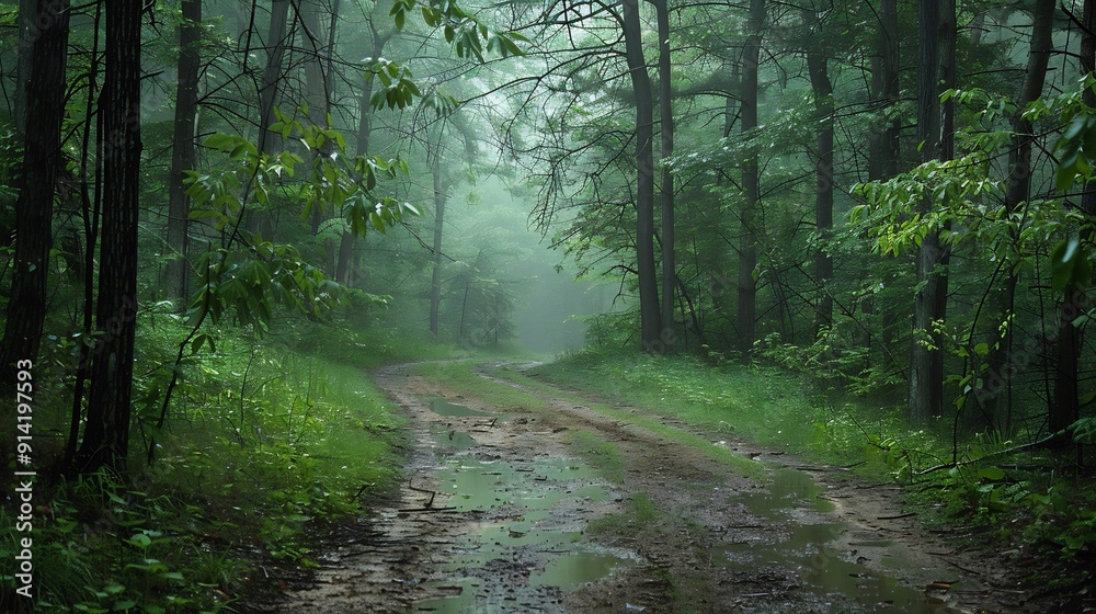 Obraz premium Misty Forest Path After Rain