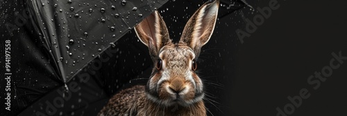 Product photo of a hare holding black rubber sheet over head as protection from rain