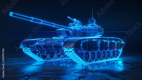 Futuristic neon blue tank hologram. Detailed 3D wireframe model of military vehicle. High-tech digital representation showcasing advanced design and technological capabilities in defense industry.