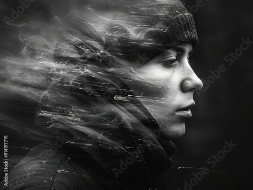 Abstract blurred image of a person, high contrast, black and white, edgy. photo