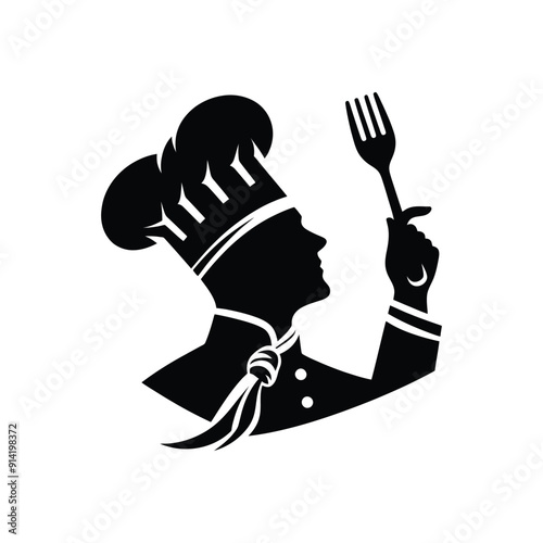 Elegant Chef Silhouette Holding Fork - Gourmet Dining Icon in Black and White