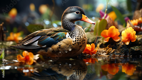 A beautiful duck quacks in the pond