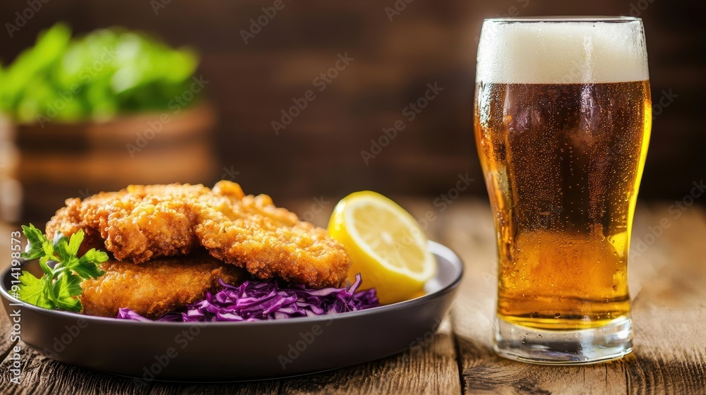 Crispy fried chicken with coleslaw and a glass of beer on a wooden table. Crispy fried chicken with coleslaw and a glass of beer on a wooden table.
