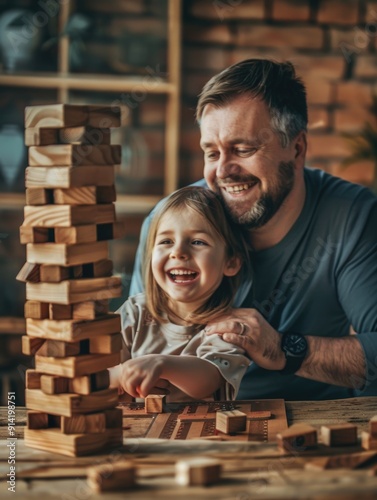 A father helping a young girl with a wooden building block game.