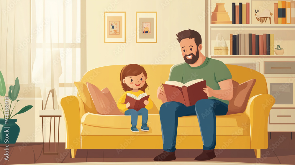 Illustration, Father and Child Reading Together, sitting on the sofa in the living room. Quality time with father and child. Reading a book together. Togetherness. Happy family. Daddy and child. Every Illustration, Father and Child Reading Together, sitting on the sofa in the living room. Quality time with father and child. Reading a book together. Togetherness. Happy family. Daddy and child. Every