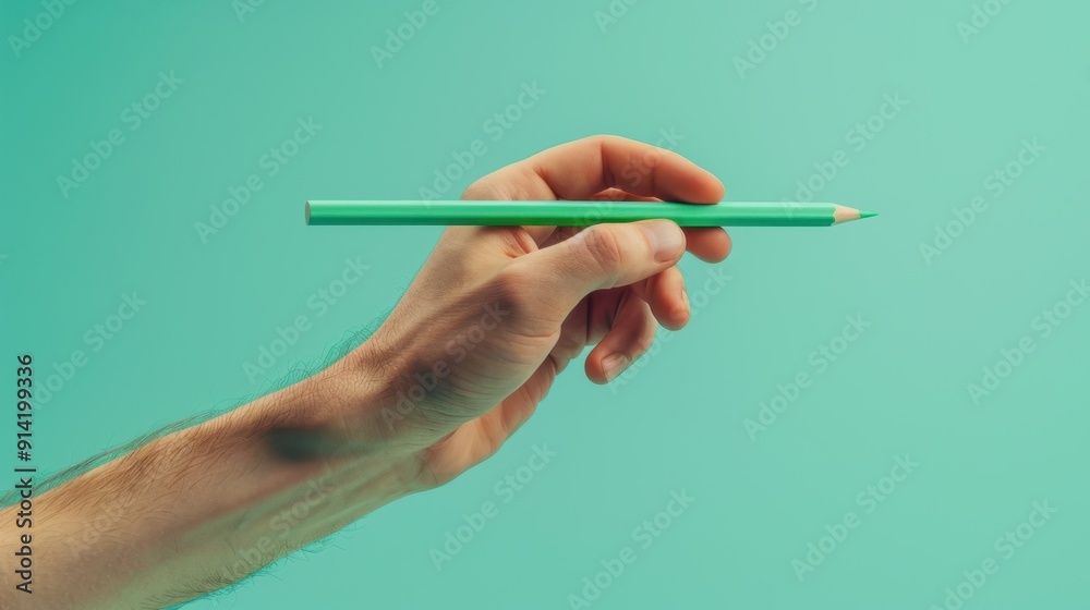 The hand holding a green pencil