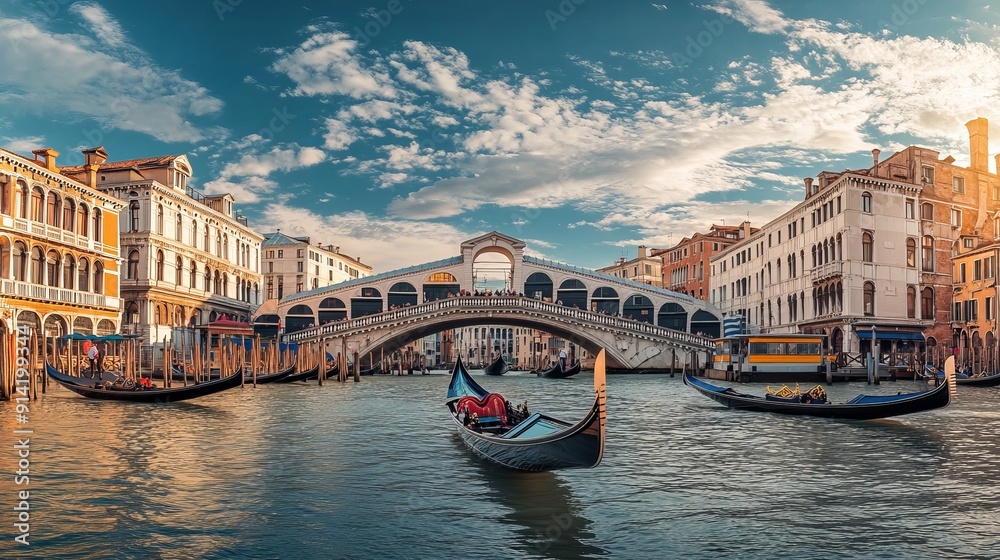 Obraz premium Venice, Italy - September 23, 2019: Panoramic view of the Grand Canal with gondolas and the Rialto Bridge (Ponte di Rialto). Venice, Italy