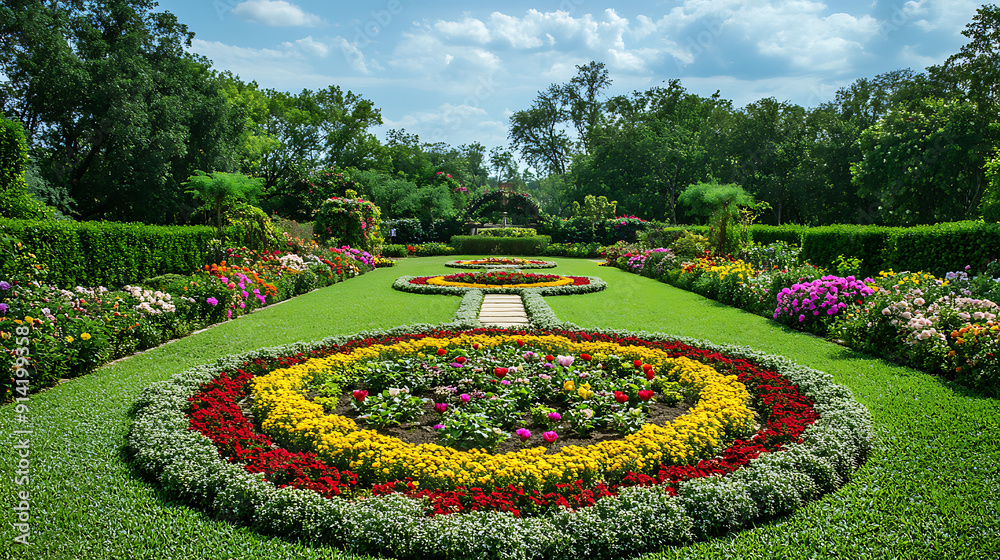 A well-manicured garden with a variety of flowers arranged in symmetrical patterns A well-manicured garden with a variety of flowers arranged in symmetrical patterns
