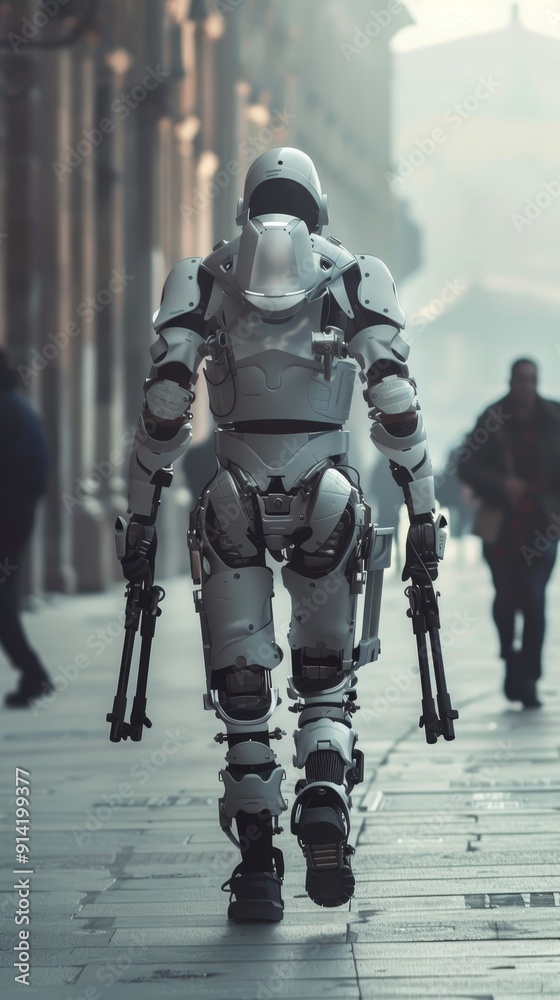 A person using an exoskeleton suit for mobility assistance, illustrating the benefits of powered assistance in rehabilitation, emphasizing the future potential of exoskeleton technology A person using an exoskeleton suit for mobility assistance, illustrating the benefits of powered assistance in rehabilitation, emphasizing the future potential of exoskeleton technology