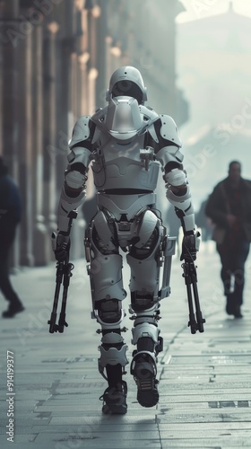 A person using an exoskeleton suit for mobility assistance, illustrating the benefits of powered assistance in rehabilitation, emphasizing the future potential of exoskeleton technology