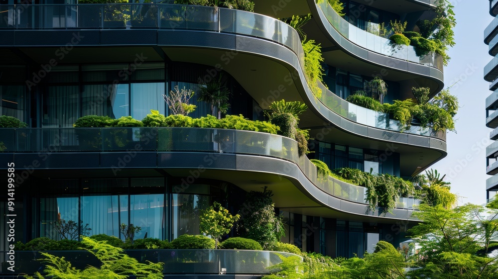 View of Eco-friendly building. Sustainable office building with garden on ...