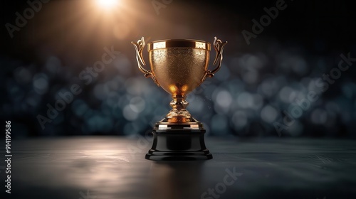 A mesmerizing golden trophy glistening under a spotlight against a backdrop of a championship banner,