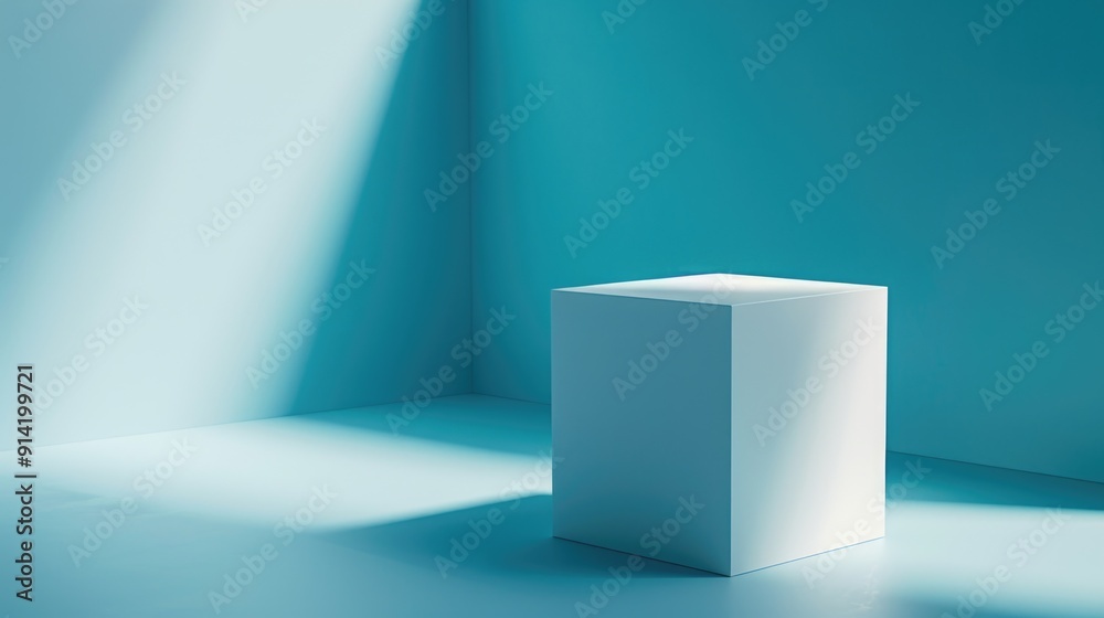 A modern cube sculpture casting a shadow. The stark contrast between the white block against the vibrant backdrop makes it an eye-catching piece of minimalist design. A modern cube sculpture casting a shadow. The stark contrast between the white block against the vibrant backdrop makes it an eye-catching piece of minimalist design.