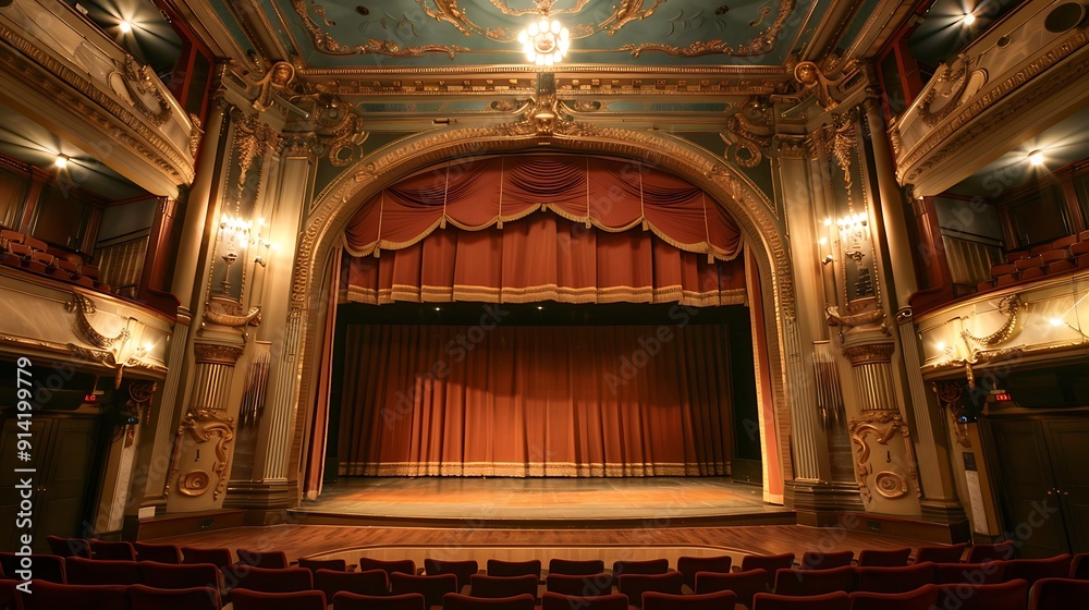 Obraz premium Empty Theater Stage with Red Curtains and Golden Details