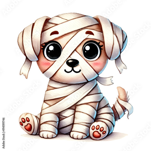 A mummy cartoon dog is wrapped in bandages and is smiling. The dog is happy and playful, and the bandages give it a spooky, Halloween vibe photo