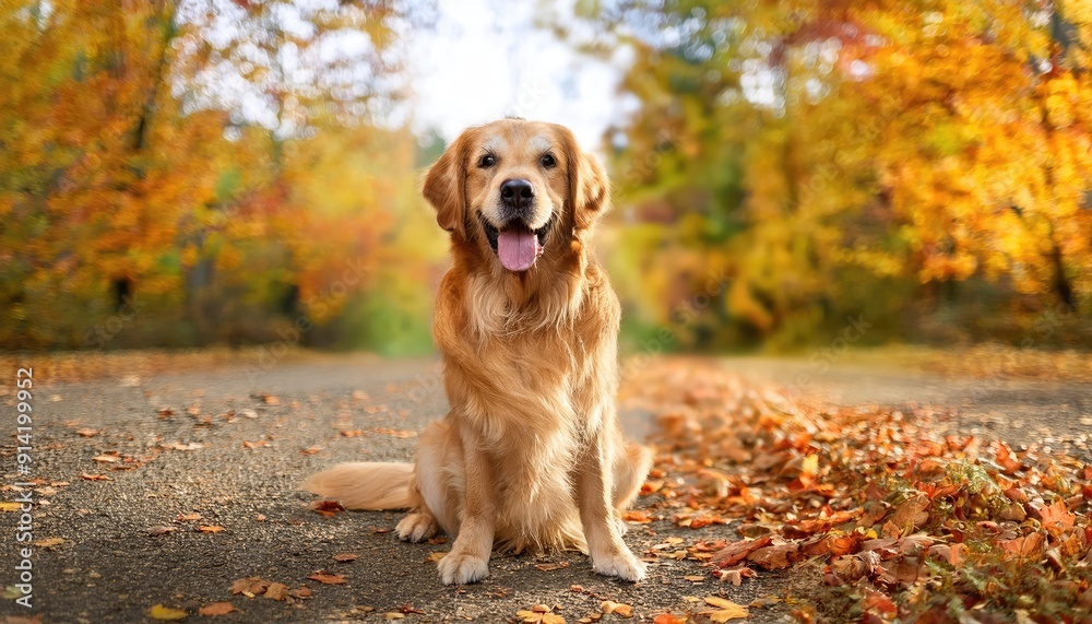 happy Golden retriever outdoors in a park in autumn season with fall leaf and colorful tree background happy Golden retriever outdoors in a park in autumn season with fall leaf and colorful tree background