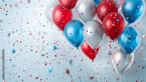 Red, blue, and silver balloons on a multicolored confetti banner background, Generative AI.