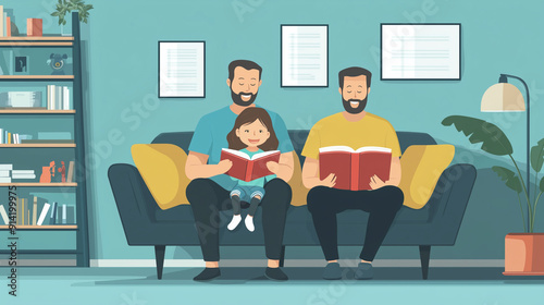 Illustration, Father and Child Reading Together, sitting on the sofa in the living room. Quality time with father and child. Reading a book together. Togetherness. Happy family. Daddy and child. Every