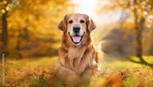 happy Golden retriever outdoors in a park in autumn season with fall leaf and colorful tree background