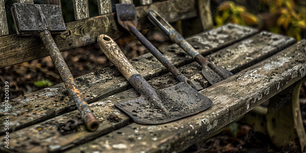Herdsman's Tools: A rustic set of animal husbandry tools, resting on a weathered wooden bench. Herdsman's Tools: A rustic set of animal husbandry tools, resting on a weathered wooden bench.