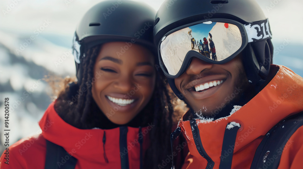 Happy smiling African American young couple at snowy mountain, cheerful wife and husband or boyfriend and girlfriend on winter vacation, extreme sports adventure, excited romantic lovers on ski resort