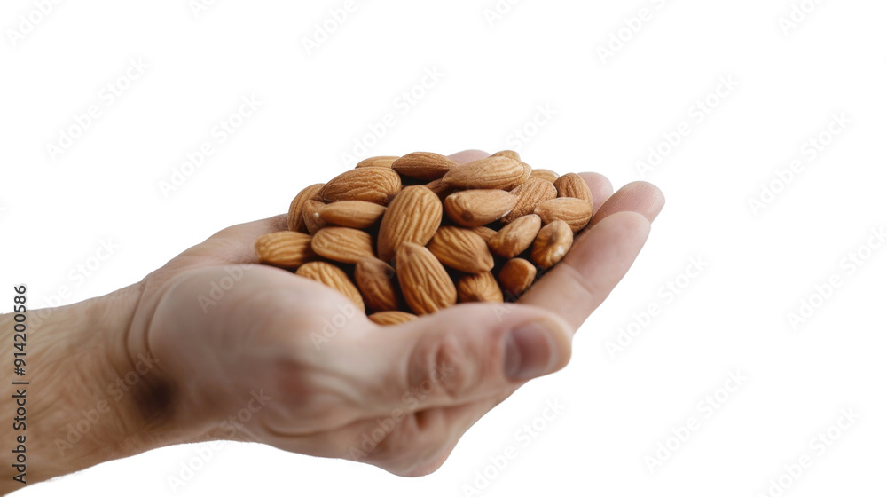 A hand holding almond nuts on transparent background A hand holding almond nuts on transparent background