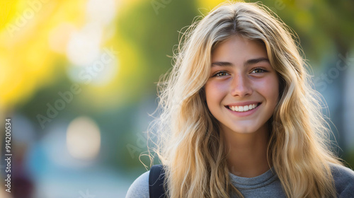 Portrait of gappy young teenager beautiful adult girl female school student with blonde hair smiling outside in nature, park with copy space, positive person joyfully enjoying in summer weather photo