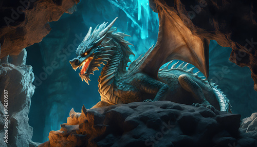 Dragon in a Glowing Cave with Bioluminescent Crystals and Ancient Carvings