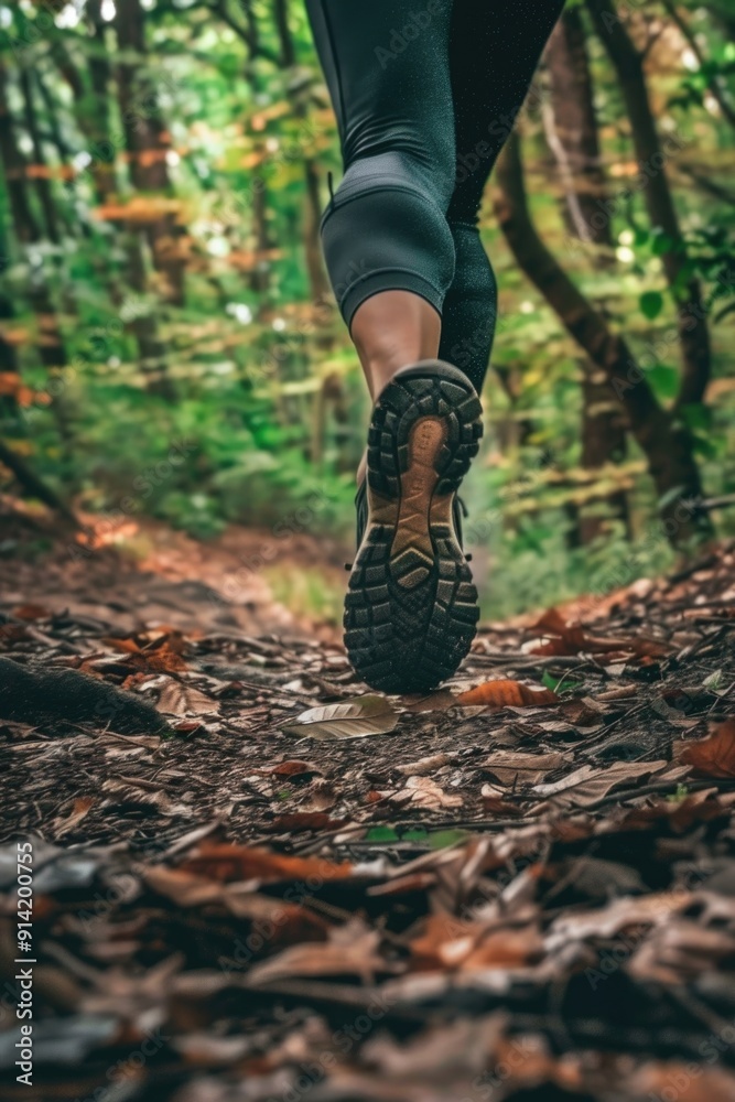 A person in athletic wear jogging through a scenic woodland trail.