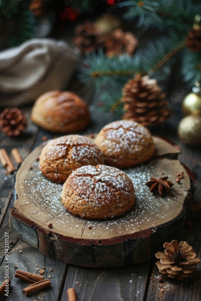 Three delicious cinnamon swirl cookies topped with powdered sugar, perfect for a holiday celebration. Three delicious cinnamon swirl cookies topped with powdered sugar, perfect for a holiday celebration.
