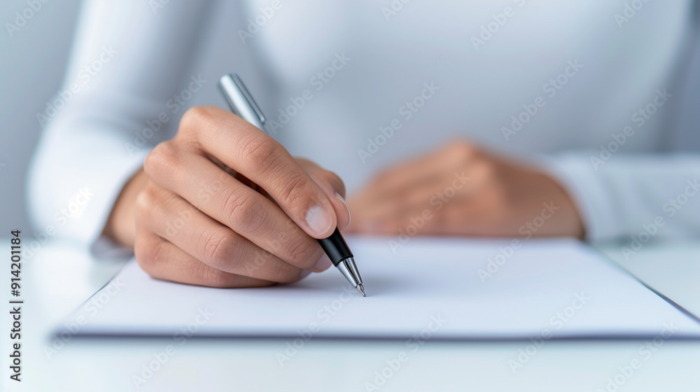 Close-up of Hand Holding Pen, Writing on Paper, Business, Education, Office Work, Professional, Simple White Background, Study, Learning, Clean, Modern, Minimalist, Focus on Hand, Writing Utensil Close-up of Hand Holding Pen, Writing on Paper, Business, Education, Office Work, Professional, Simple White Background, Study, Learning, Clean, Modern, Minimalist, Focus on Hand, Writing Utensil