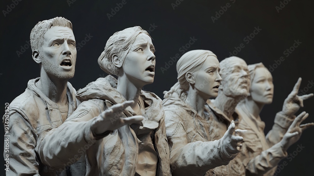Clay Sculptures of People in a Dramatic Scene Clay Sculptures of People in a Dramatic Scene