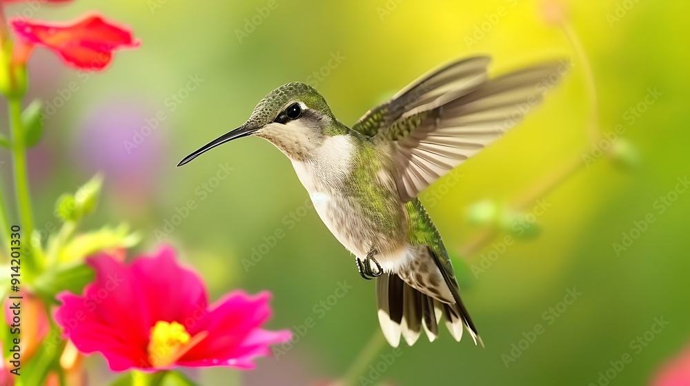 Fototapeta premium Hummingbird in Flight with Pink Flower