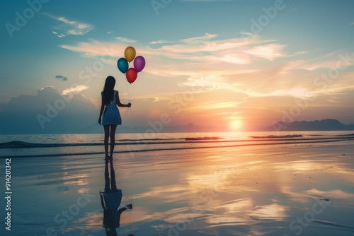 Silhouette Of Woman Holding Colorful Balloons Watching Sunset On The Beach, Summer Vacation Concept.