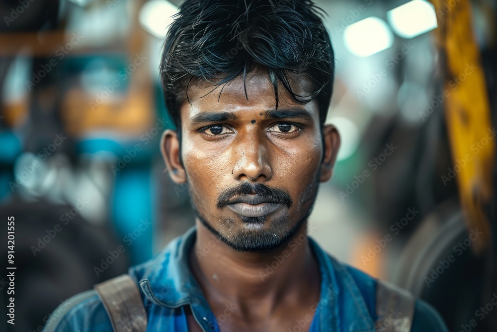 Portrait of a young male assembly line worker in factory Portrait of a young male assembly line worker in factory