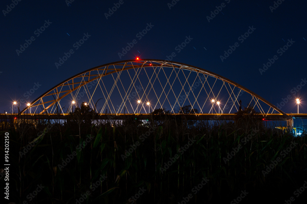 Obraz premium Night View of Blennerhassett Island Bridge over the Ohio River and Blennerhassett Island - Belpre, Ohio and Parkersburg, West Virginia