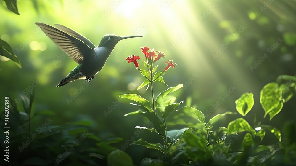 Fototapeta premium A single hummingbird hovering near a flower in a forest glade, with sunlight dappling the leaves.