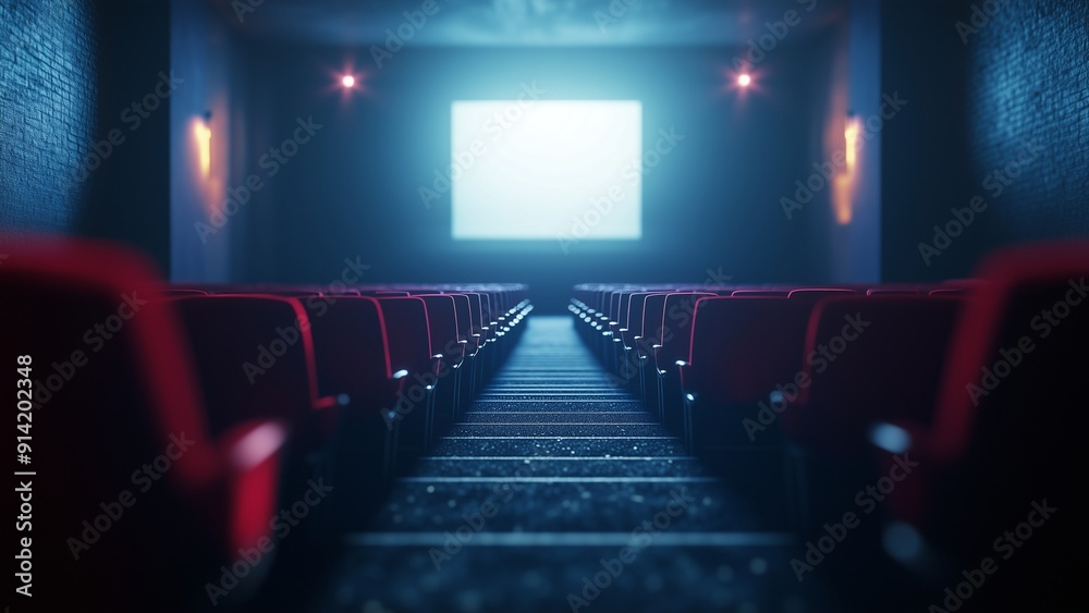 Semi close-up of the aisle leading to the screen, soft lighting with shadow play, camera set low Semi close-up of the aisle leading to the screen, soft lighting with shadow play, camera set low
