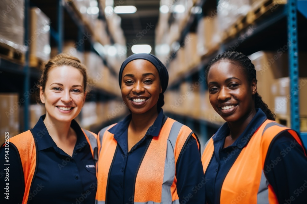 Smiling portrait of a young and diverse group of women in warehouse Smiling portrait of a young and diverse group of women in warehouse