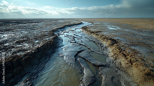 Severe heatwaves transforming a river delta, with diminished water flow and cracked riverbeds photo